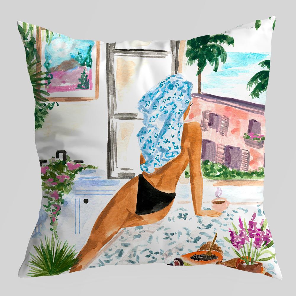 Abstract Green Plant Figures Seascape Pillow Cover Nordic Ink Painting Short Velvet Sofa Car Pillow Cushion Cover