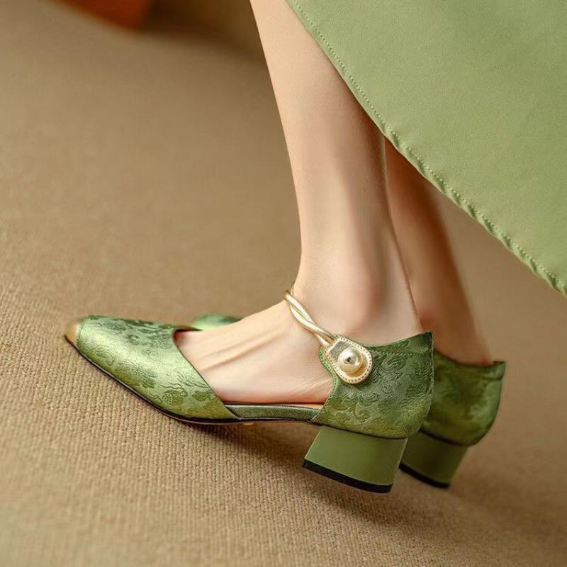 Square Toe High-heeled Sandals for Women Summer Mary Jane's Thick Heel Toe Sandal for Womens New Chinese Style Hollow Sandals