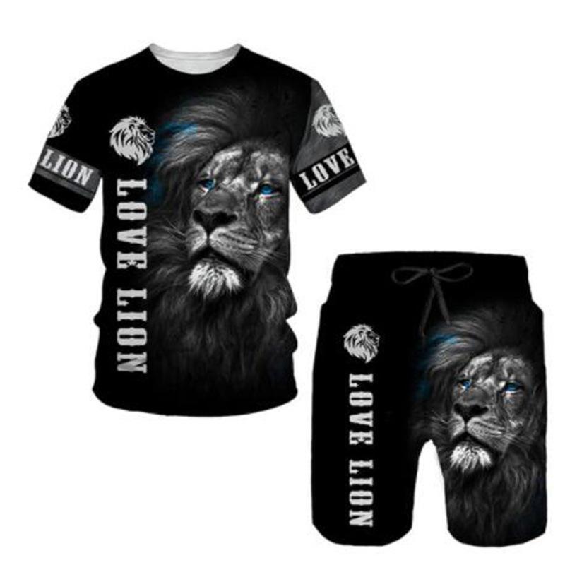 Summer Lion Animal Pattern Printed Men's Casual Comfortable Loose Short Sleeved Two-piece Sport Wear