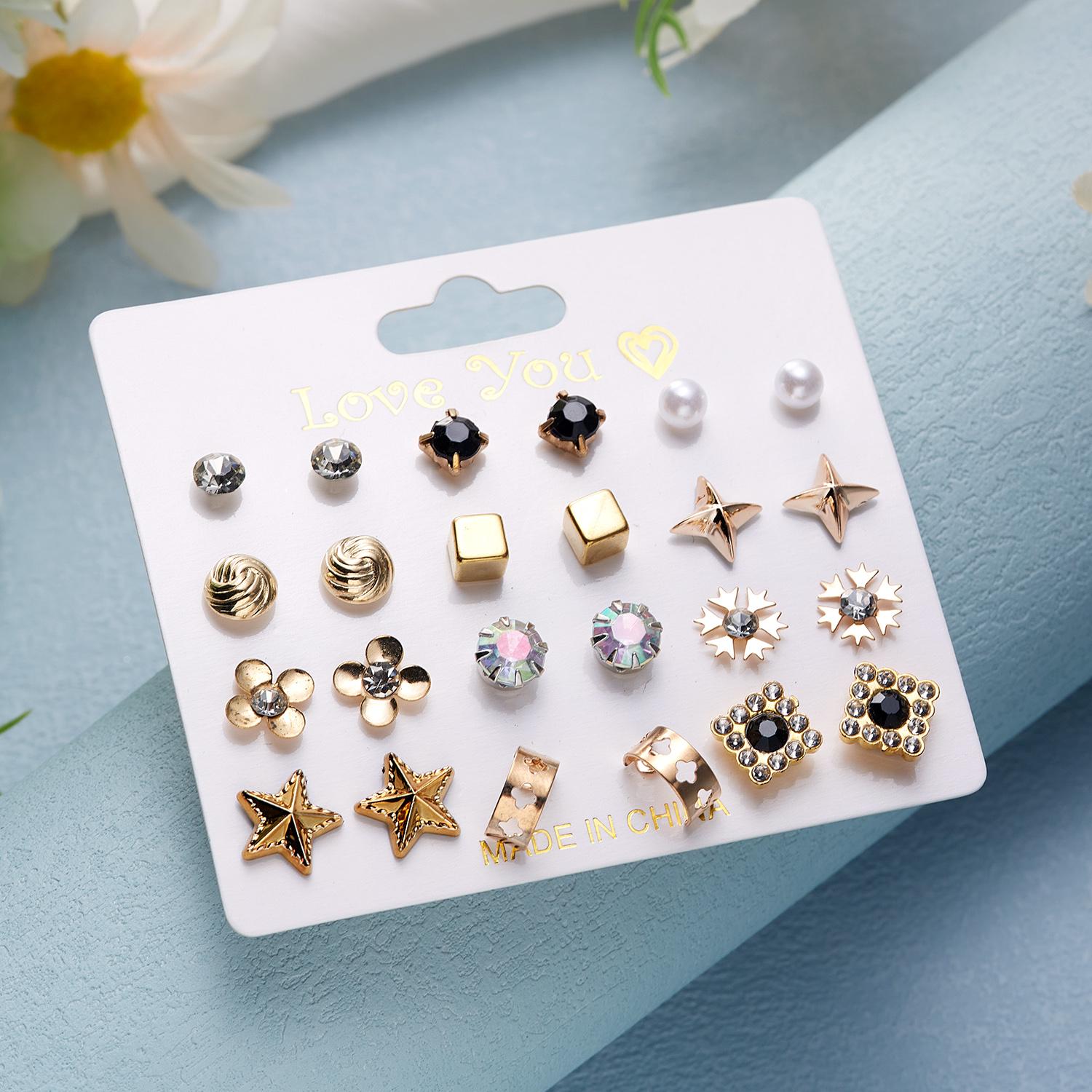 

12 Pairs/Set Flower Heart Earrings Set for Women Geometric Rhinestone Simulated Pearl Piercing Ball Earring Jewelry Accessories