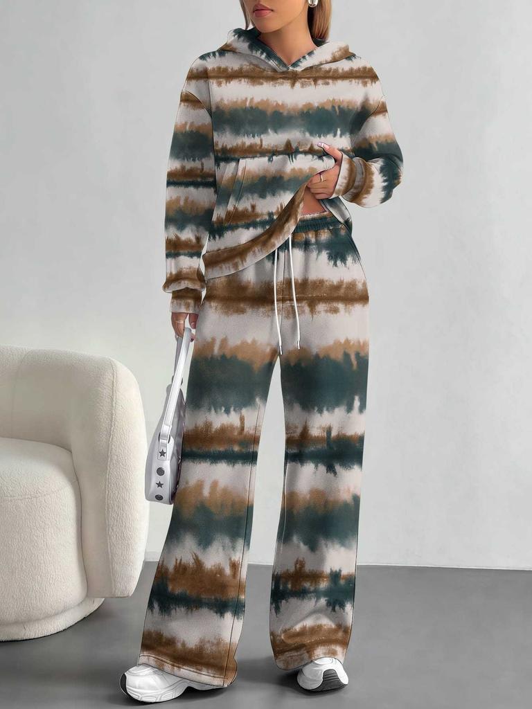 Striped European and American Autumn Casual Geometric Figure Long-sleeved Suit Women's Hooded Sweater Trousers Two-piece Set