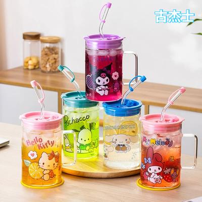 Pentru Sanrio Cana cu pai din sticlă Cana de cafea pentru desene animate Cinnamoroll& Kuromi Imprimată Cana de apă de casă cu pai cu gradare Cana pentru suc și lapte