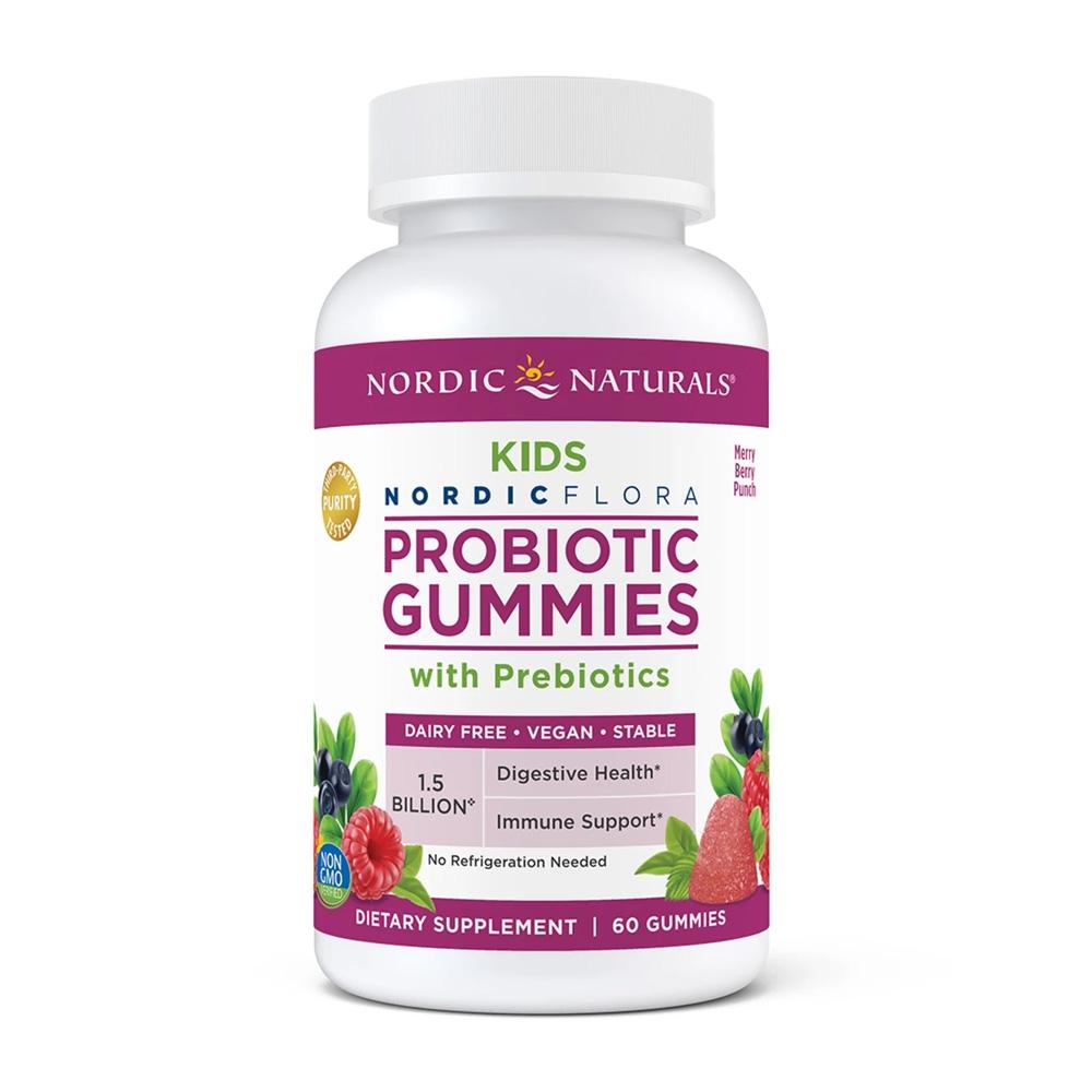 Kids Nordic Flora Probiotic Gummies with Prebiotics 1.5 Billion Merry Berry Punch Taste, 60 Gummies