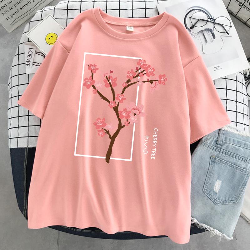 Cherry Tree In Full Bloom Printing Female Tshirt Street Breathable T Shirt Soft Fashion Short Sleeve Oversized Sport T Shirts