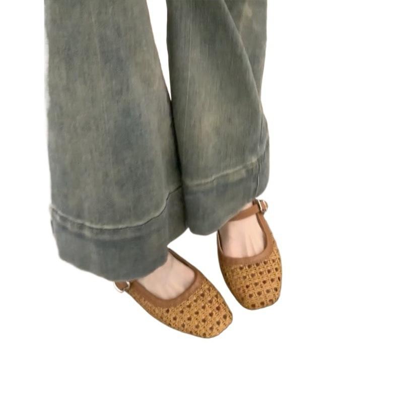 Inner heightening version 2025 retro woven hollowed-out word with thick heel bag head half slippers women's sandals Muller Mary Jane