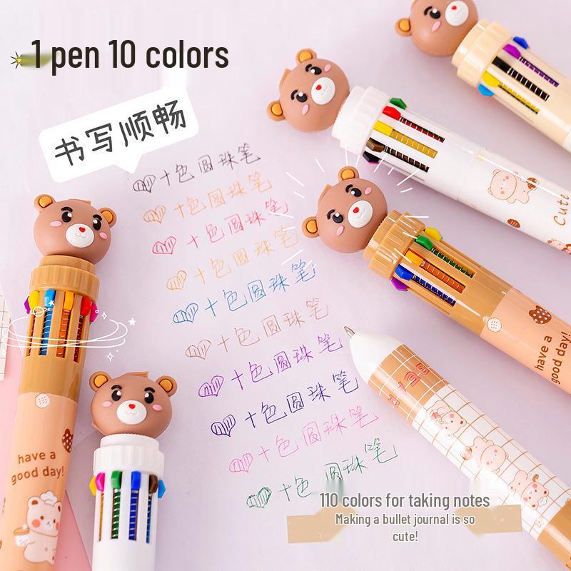 Little Bear 10-Color Press-Type Ballpoint Pen for Students and Journaling