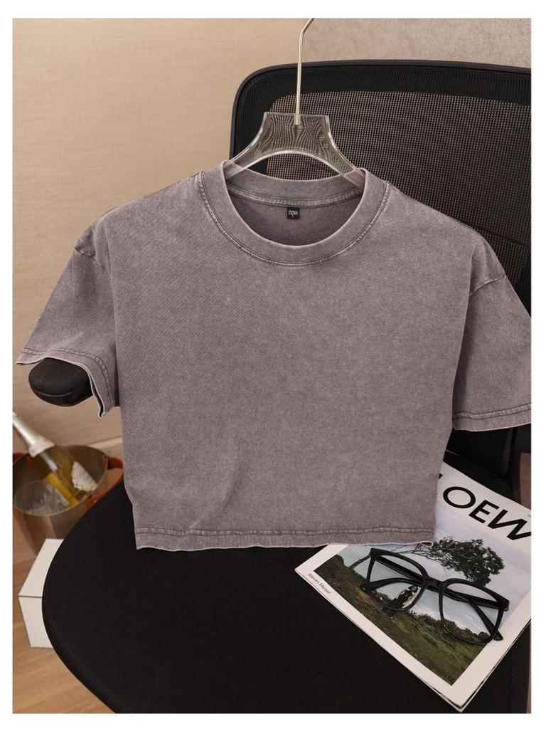 Women's Washed Vintage Cropped T-shirt: Heavyweight 230g Pure Cotton, Retro Loose Fit, Short Sleeve Waist-Length Top