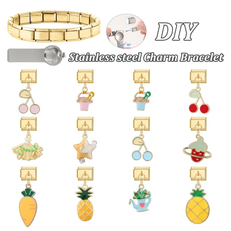 Creative Fruit Series Ice Cream Bow Shell Golden Pendant Italian Charm Links Fit 9MM Stainless Steel Bracelet DIY Making Gift