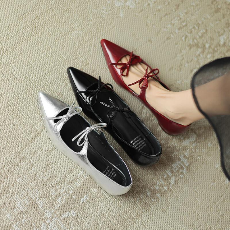 Low heel red four-season flat-soled single shoes new four-season women's small leather shoes large size non-slip beef tendon sole cowhide women's sho