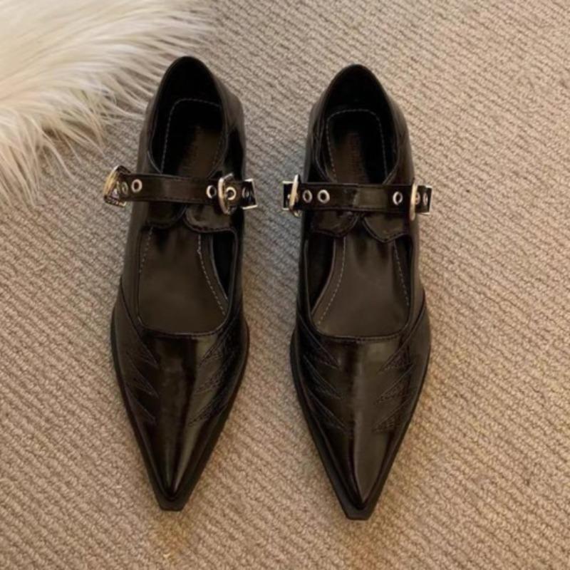 Fashion Spring New Single-shoe Women's Pointed Head Shallow Mouth Metal Buckle A Line with Anti-slip Wear-resistant Thick Heel Shoes