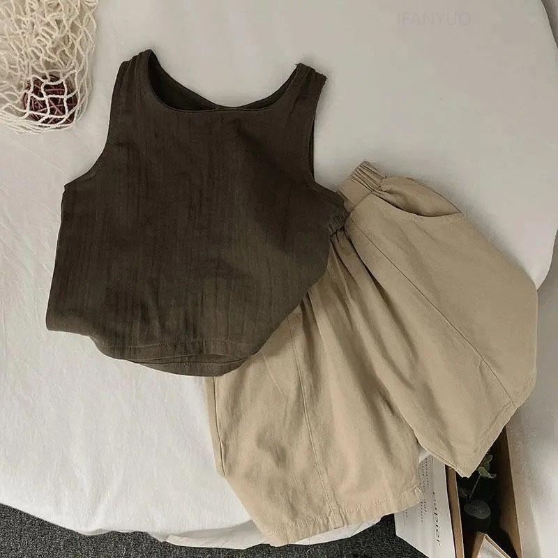 Letní dětská tílka pro miminka chlapce i dívky Vintage ležérní vesta pro batolata Jednobarevné lněné dětské oblečení