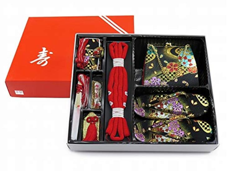 Muromachi 7 Years Old Kimono Golden Koma Fantastic Yotsumi Zori Full Set 753 x Blue Purple x Double Cherry Blossom [Kyoto st. ] Shichi-Go-San Girl's