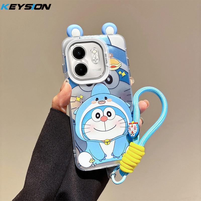 KEYSION Cute Ear Cartoon Case for Infinix Hot 50i with Lanyard Soft Silicone+PC Shockproof Phone Back Cover for Infinix Smart 9