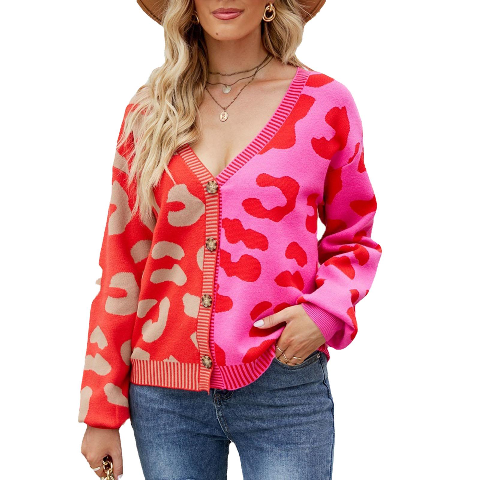 

Women Knitted Coat Leopard Print Color Contrast V Neck Button Closure Long Sleeves Sweater Coat for L красный