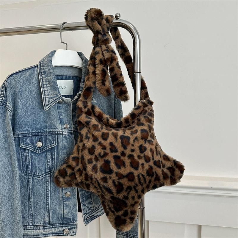 Winter Furry Star Large Capacity Shoulder Bag Vintage Tote Handbags Female Leopard Pattern Plush Crossbody Bags for Women CLE