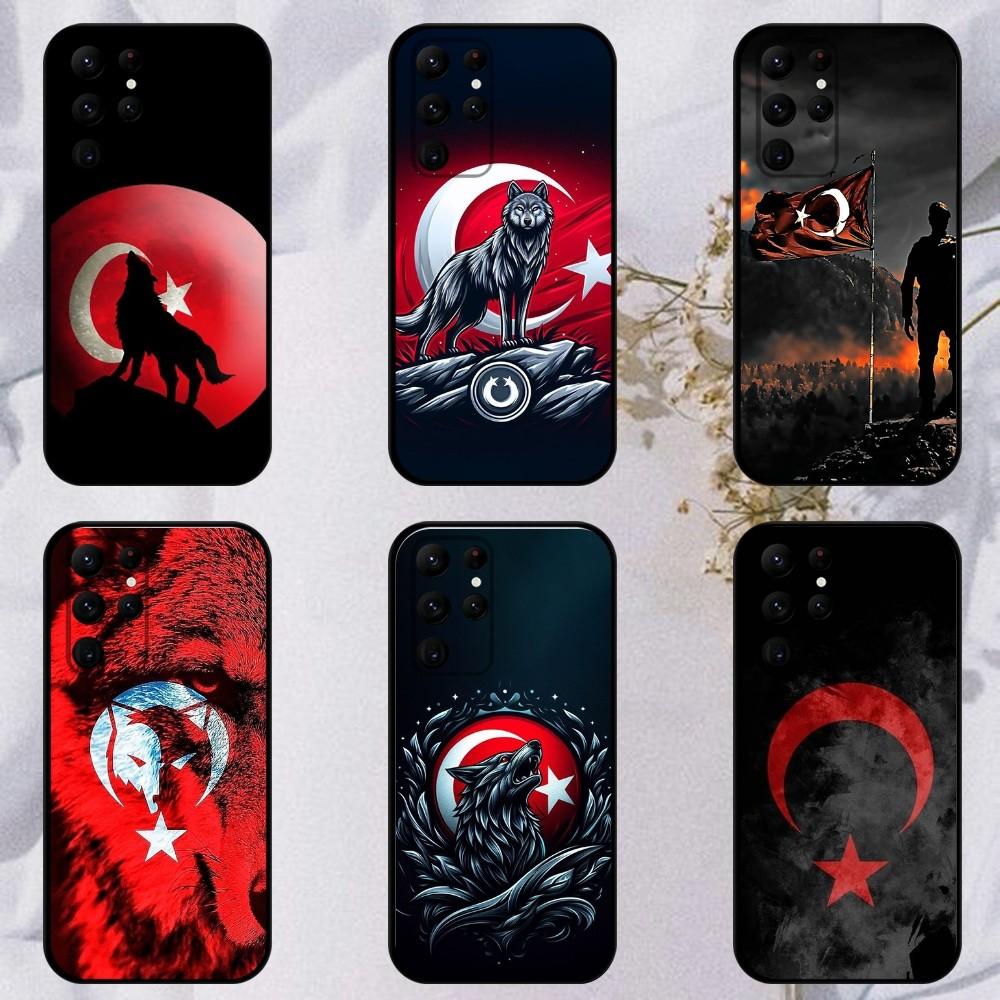 Turk Wolf Turkey Flag Phone Case For Samsung S23,23,22,30,21,10,9,Note20 Ultra,Lite,Ultra,5G,Plus,FE,Black Soft Case