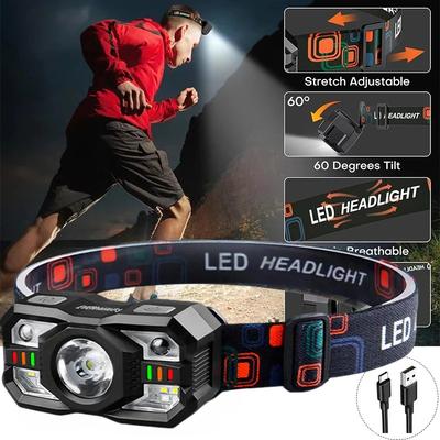 Intelligente Sensor-Stirnlampe, Mehrfachmodus-Tragbare Taschenlampe, Wasserdicht, Typ-C Wiederaufladbar, Laufen, Camping, Radfahren, Angeln, Outdoor, Grillen