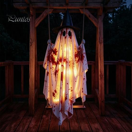 Front Porch Holiday Display Hanging Swing Ghost Halloween Decoration, Spooky Light Up Large Swinging Adjustable Cord with Blood Fabric for Yard