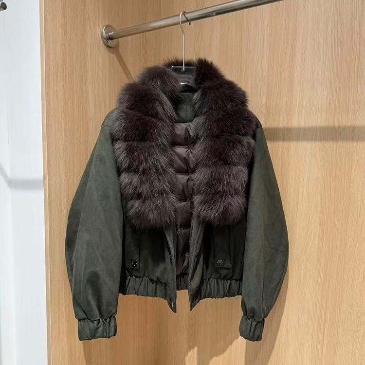 European Autumn and Winter New Suede Fox Big Fur Collar Short Down Jacket Women's Loose and Thin Warm Jacket