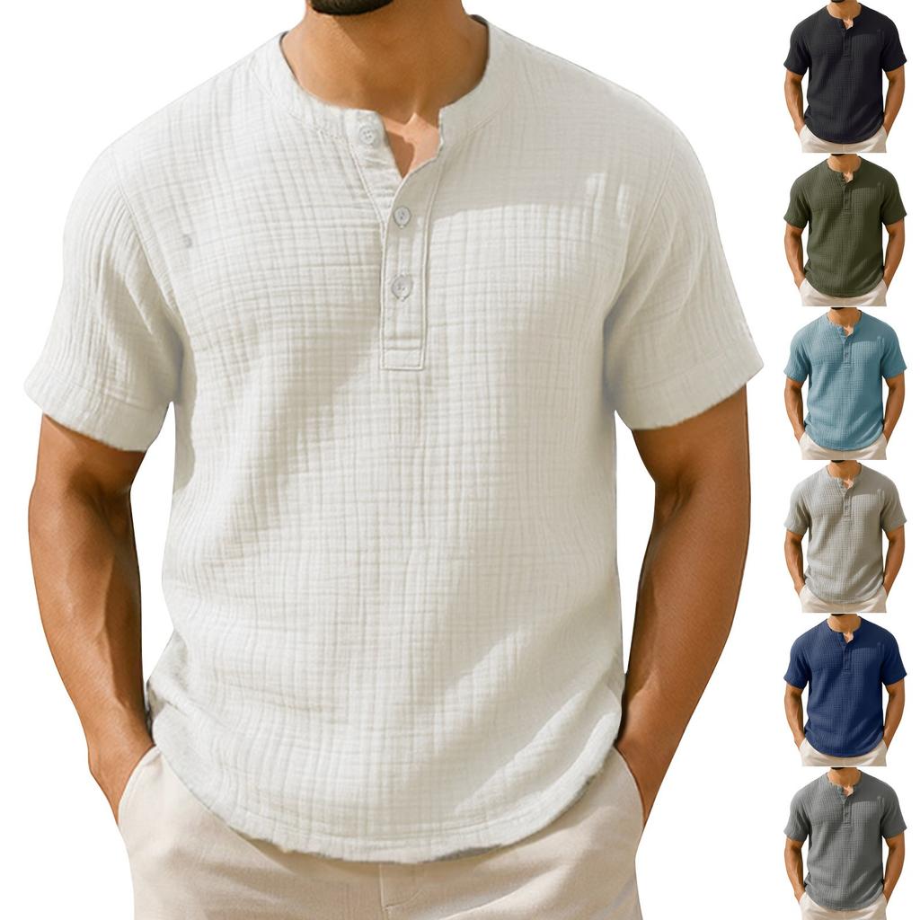 Top de vară pentru bărbați cu dungi, culoare uni, textură plisată, guler cu nasturi, mâneci scurte largi