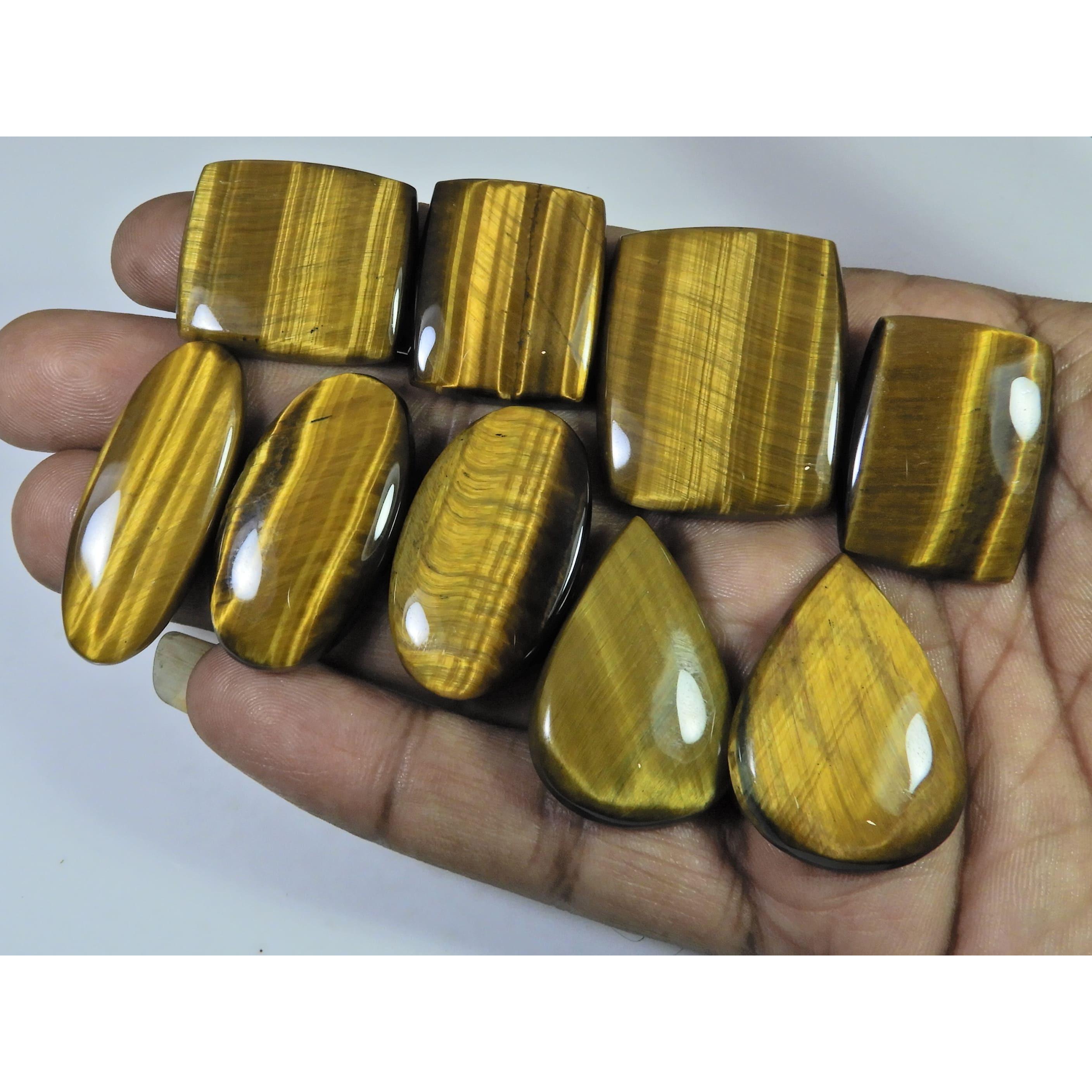 09Pcs Natural Brown Tiger eye Mix Shape Cabochon Loose Gemstone 295Cts. Lot C-2489