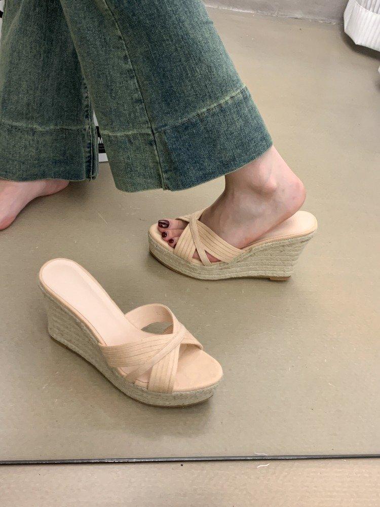Wedge heel slippers women's new summer fashion outer wear woven hemp rope versatile high heel one-word slippers women