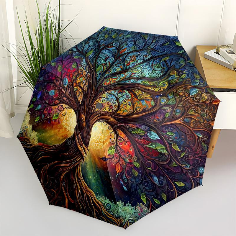 1pc Stained Glass Statue of Liberty Design Automatic Folding Umbrella, Portable 3-Fold Design, 8-Rib Iron Frame Outdoor Umbrella, Ideal Gift for Fans,