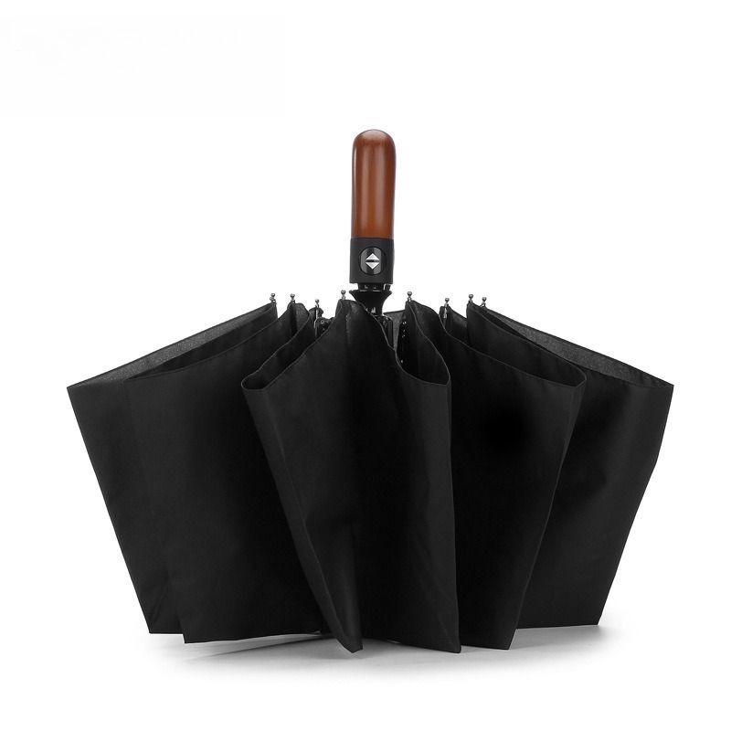 Fully Automatic Ten-rib Tri-fold Wooden Handle Umbrella Enlarged Windproof Rainproof Business Gift Advertising Umbrella