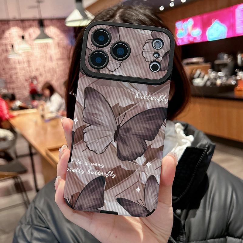 Butterflies Printed Vertical Grain Leather Soft Silicone Phone Case Back Cover with Camera Lens Full Protection for iPhone 17