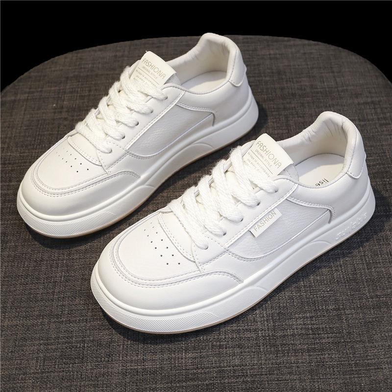 Women's Versatile Thick-Soled White Leather Sneakers for Spring & Autumn - Casual Sports & Skate Shoes