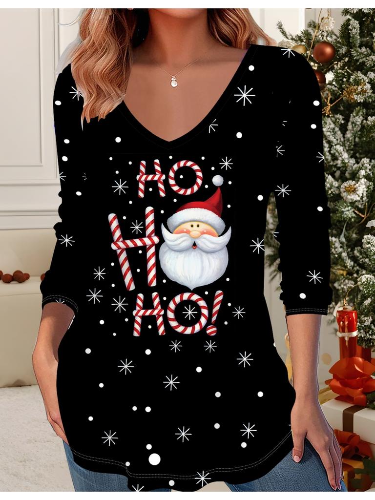 3D Weihnachten Bedrucktes Mode Lässiges Damen V-Ausschnitt Langarm T-Shirt - Neujahrsparty Kleidung Weihnachtsgeschenk