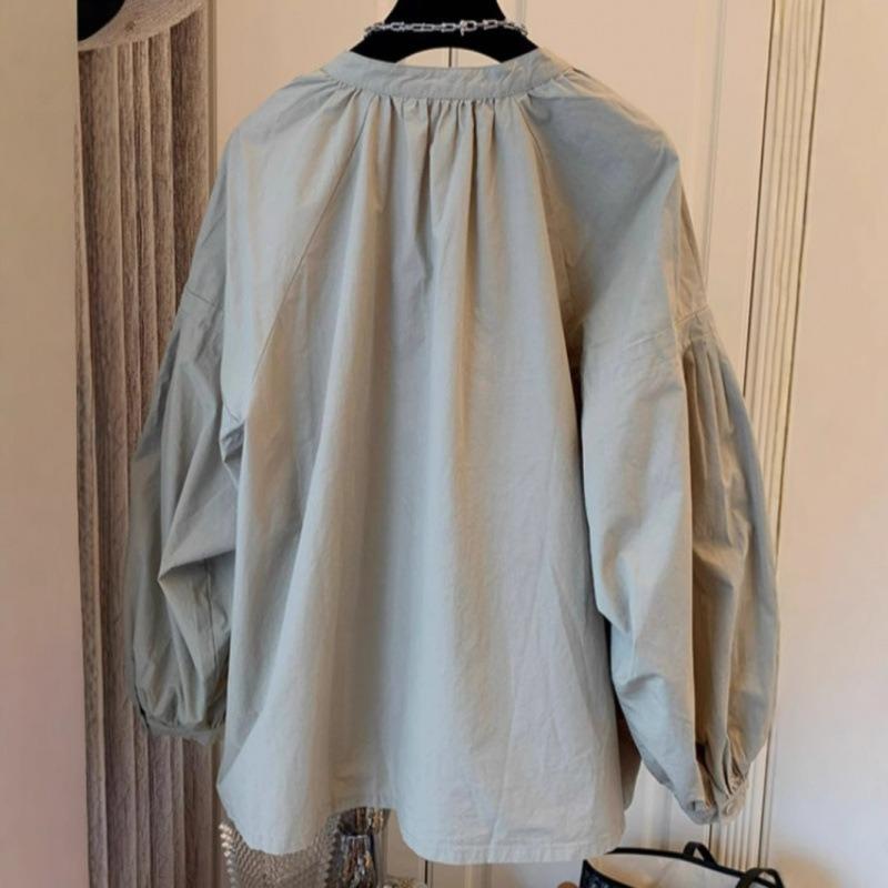 Spring and Autumn new women's clothing retro pleated bubble sleeves loose shirt clothes women's chic shirt