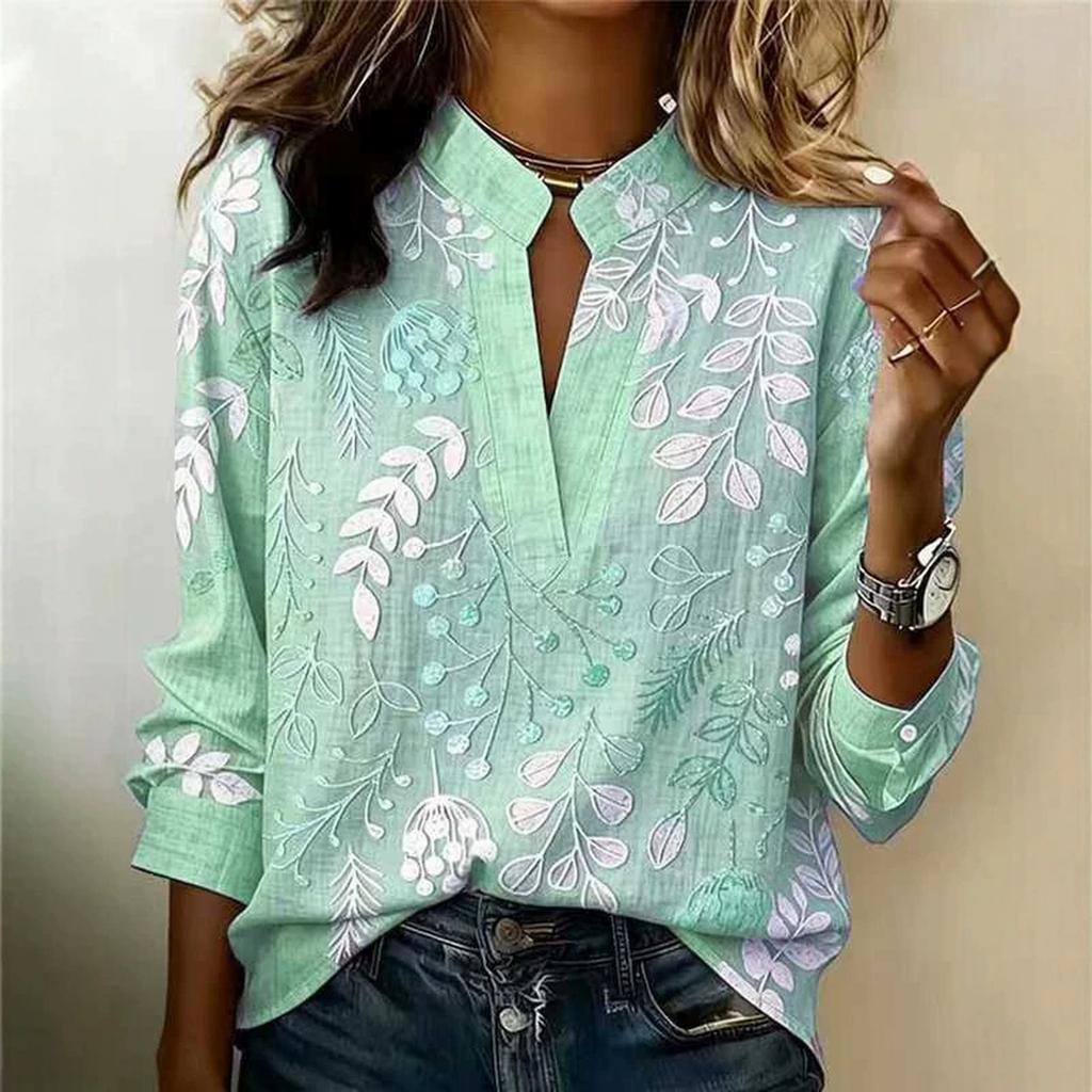 Women's Elegant Printed V-Neck Long Sleeve Slim Fit Top for Work and Everyday Wear