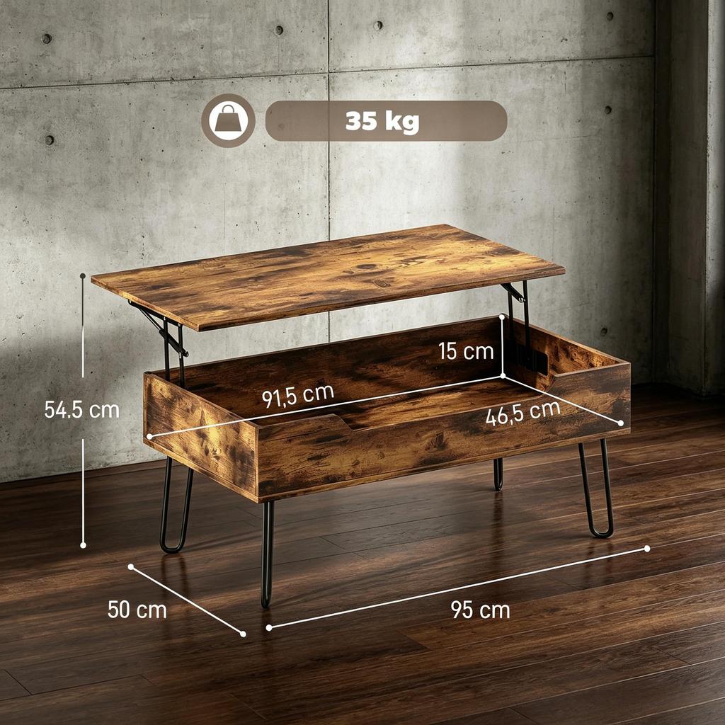Rectangular Wooden Coffee Table with Large Hidden Storage Area, Height-Adjustable
