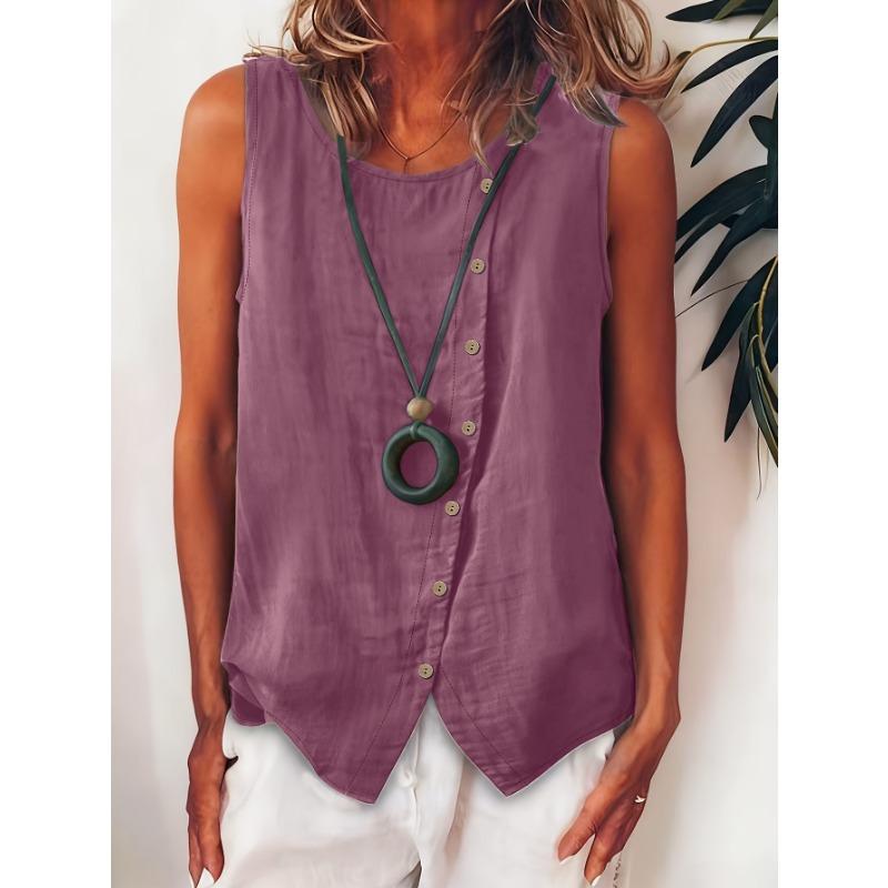 Damen Boho Locker Übergröße Diagonal Knopf Ärmellos Hemd Tanktop