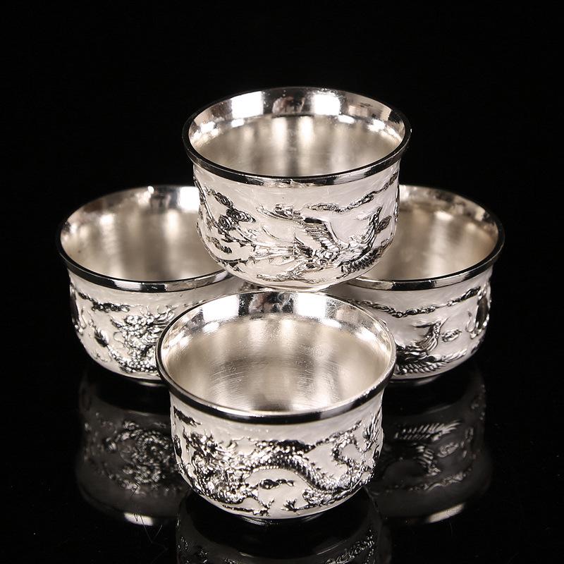 Dragon & Phoenix Sterling Silver Tea & Wine Set: 1 Plate, 1 Pot, 4 Cups in Chinese Gift Box