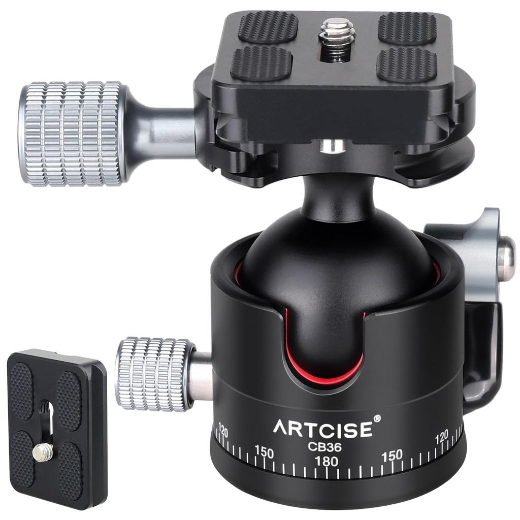 ARTCISE 36mm Ball Machined Panoramic Quick Shoe Tripod Head for and Maximum Weight 20kg Low-Center-of-Gravity Head, CNC-Machine Aluminum, 360°