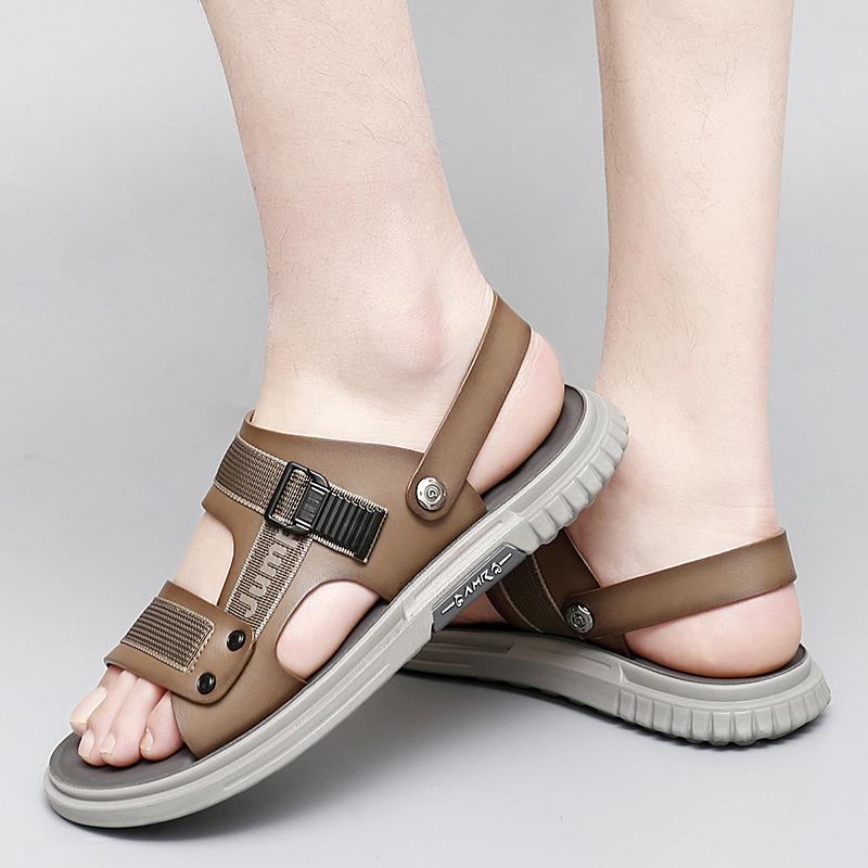 Men's Fashion Webbing Stitching Cowhide Outdoor Casual Beach Shoes Men Genuine Leather Beach Sandals Classics Trekking Footwear