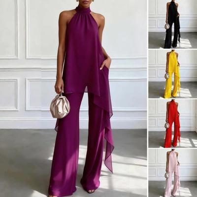 Damen Chiffon 2-teilige Sets, Asymmetrische Neckholder Ärmellose Oberteile mit Weitbeinigen Hosen Sommer Outfits, Lässiges Urlaubs Lounge Matching Set