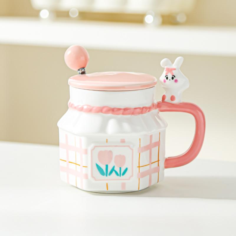 Tulip Rabbit Flower Couple Mug Creative High Value Home Office Ceramic Cup Coffee Cup with Lid