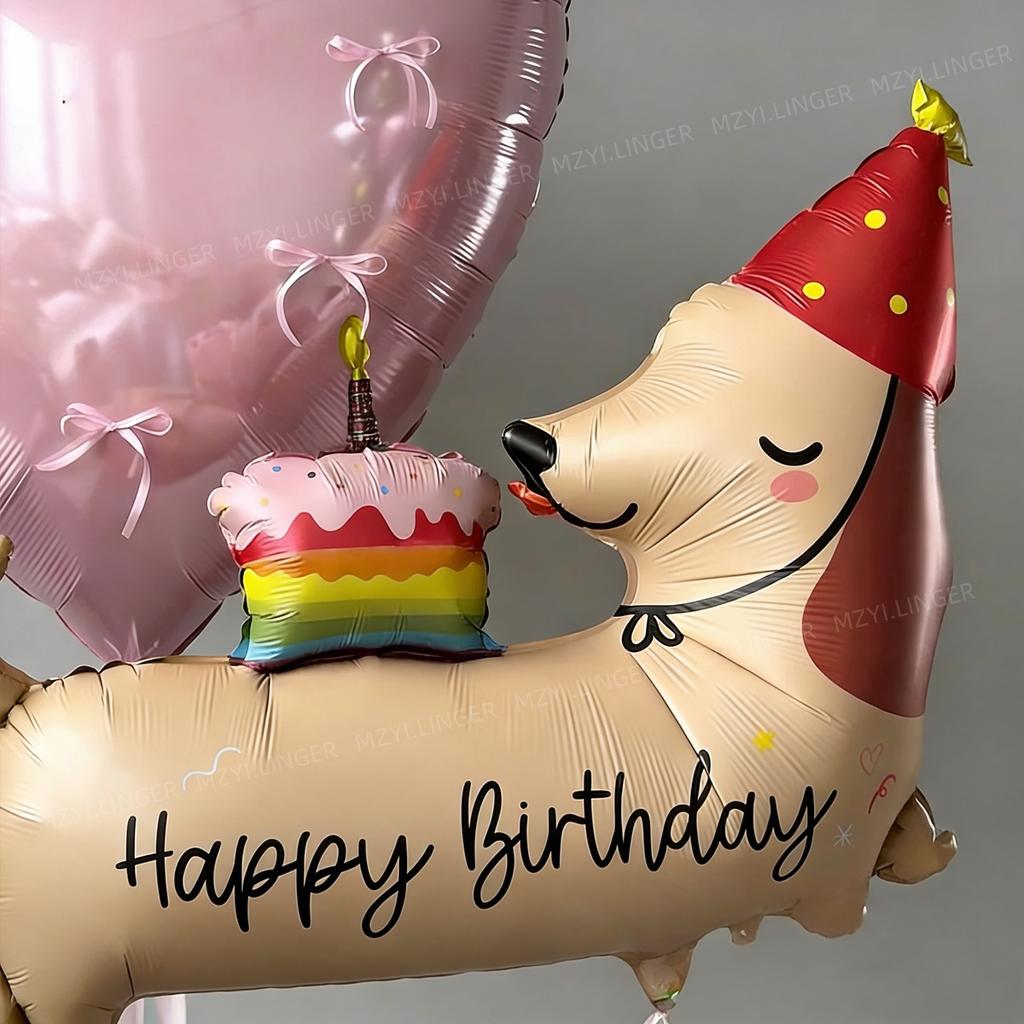 Cartoon style birthday dog balloon set with red bow balloons and pink heart balloons for birthday decoration and photo props