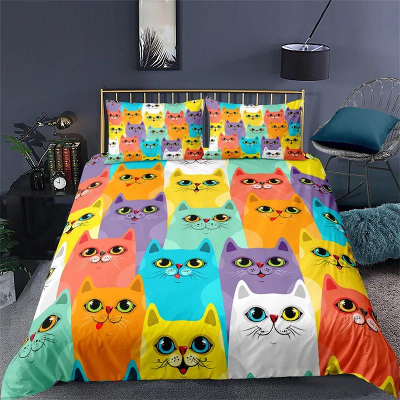 Kawaii Animal Duvet Cover Cute Cat Bedding Set For Girls Boys Kids, Pet Theme Cartoon Kitten Comforter Cover Lovely Cat Bed Set