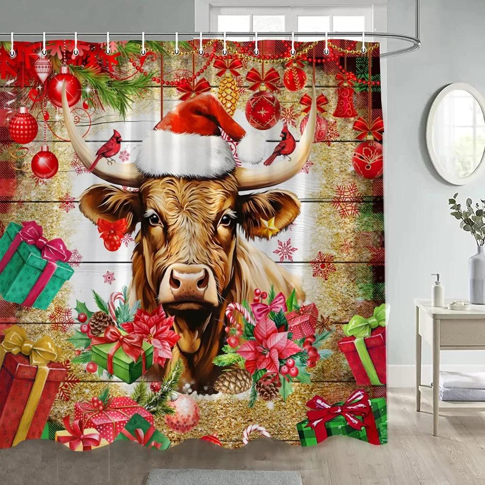 Funny Flamingo Christmas Shower Curtain Winter Forest Cedar Snowflake Nature Snow Scene New Year Xmas Bathroom Decor With Hooks