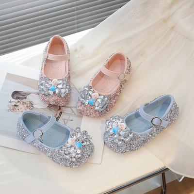 Girls' Elsa Crystal Princess Shoes Spring New Bowknot Children's Baby Leather Shoes Soft Sole Rhinestone Single Shoes