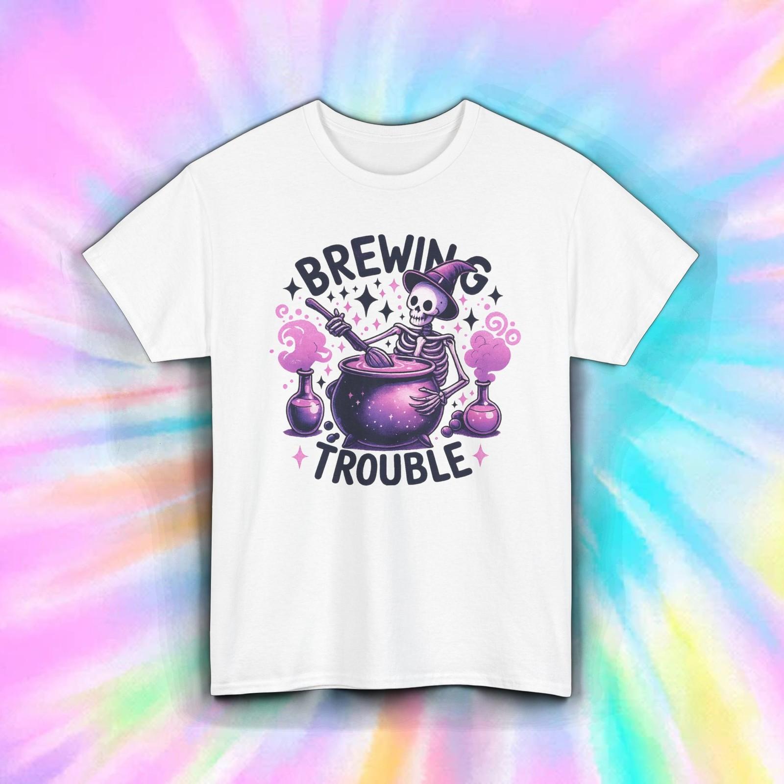 Brewing Trouble Shirt | Funny Halloween Skeleton Witch Cauldron Tee S-5XL XXL