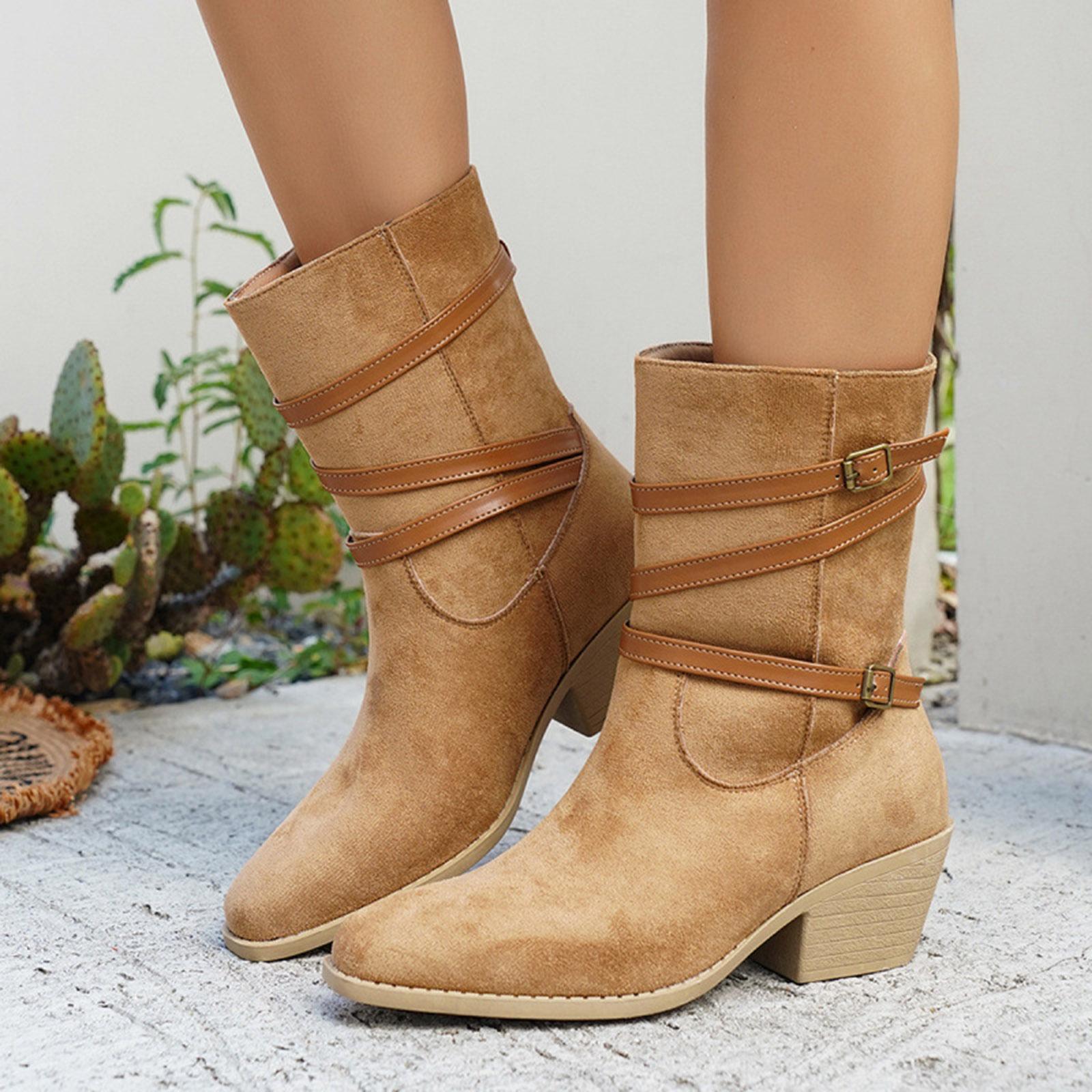 Women s Pointed Toe Fashionable Belt Sleeve Mid Heeled Thick Heeled Ankle Boots Womens Tall Boots Wide Calf Low Heel 37 хаки