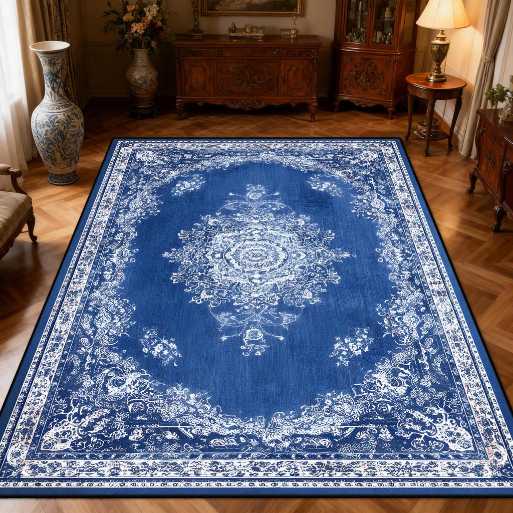 New Classical Carpet Decoration Bedroom Bedside Washable Short Velvet Rug Outdoor Balcony Foldable Soft Floor Mat Blue White