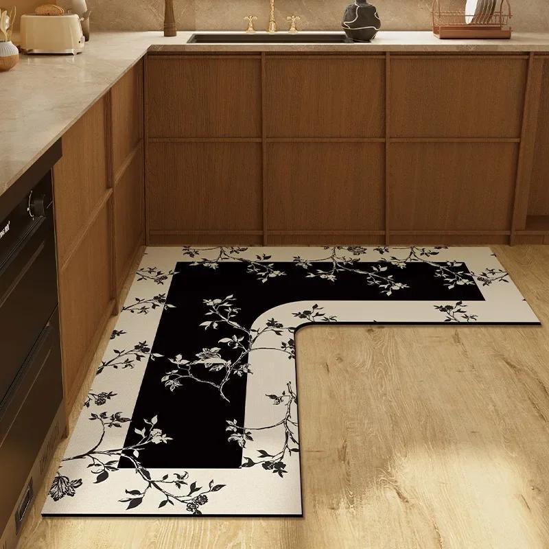 Kobercový koberec ve tvaru L do kuchyně Absorpční protiskluzová podložka Minimalistický styl Dekorace domu Koberec Kočka Květina Absorpce oleje Otíratelný