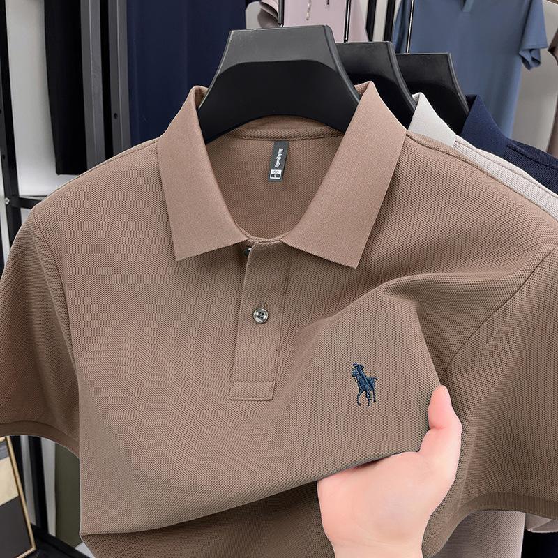 Pánské polo tričko s krátkým rukávem z perlové bavlny, luxusní, ležérní, s půl rukávem a vyšívaným logem poníka, klopou