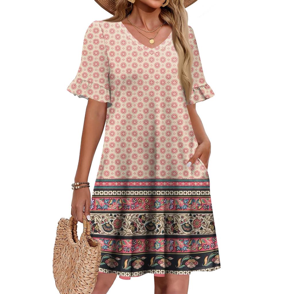 Women A Line Sun Dress Short Sleeve V Neck Printed Dress With Pockets